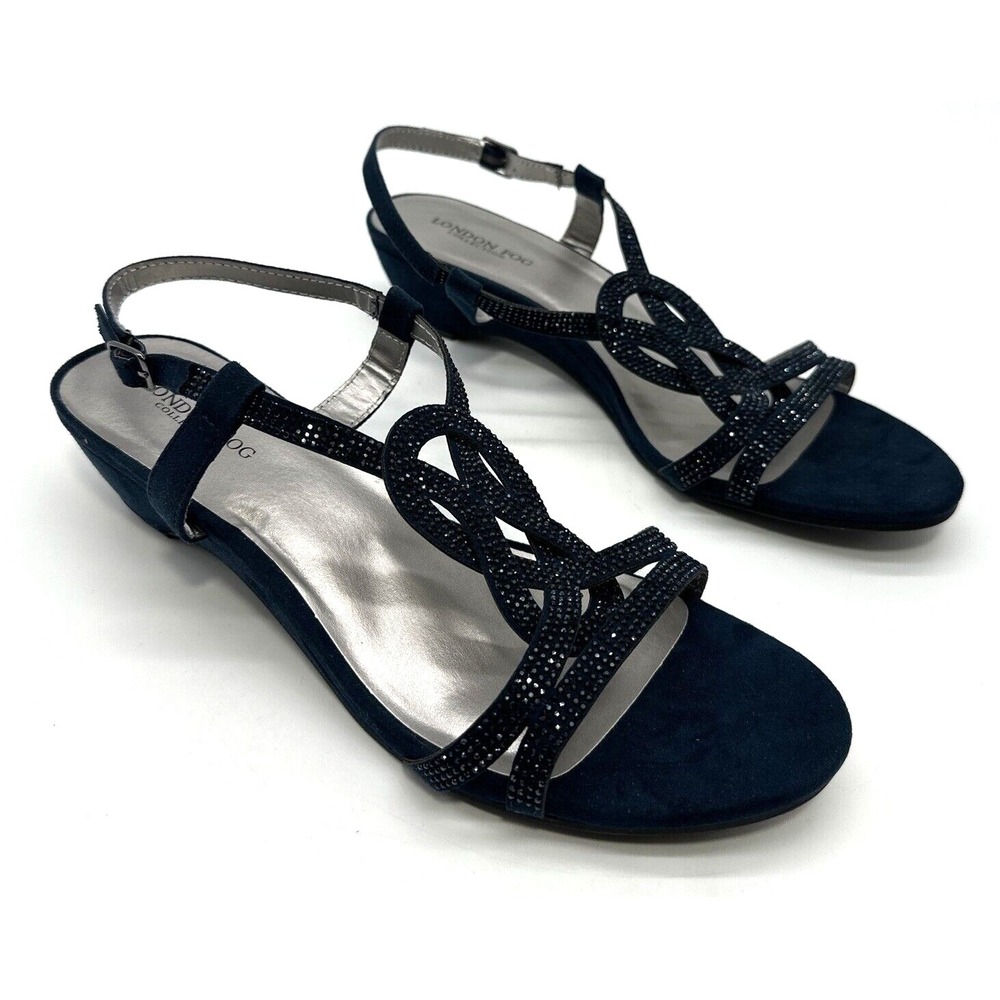 London Fog Womens Size 10 M Blue Suede Sandals Wedge Heels Multi Strap - Picture 2 of 6